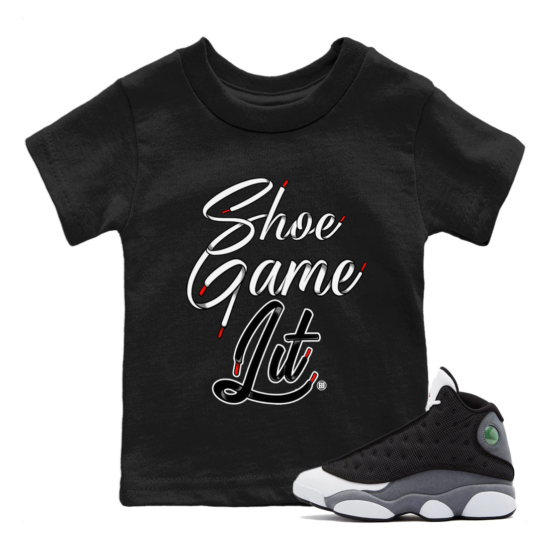 Air Jordan 13 Black Flint Sneaker Match Tees Shoe Game Lit Shoe Lace Sneaker Tees Air Jordan 13 Black Flint Sneaker Release Tees Kids Shirts Black 1
