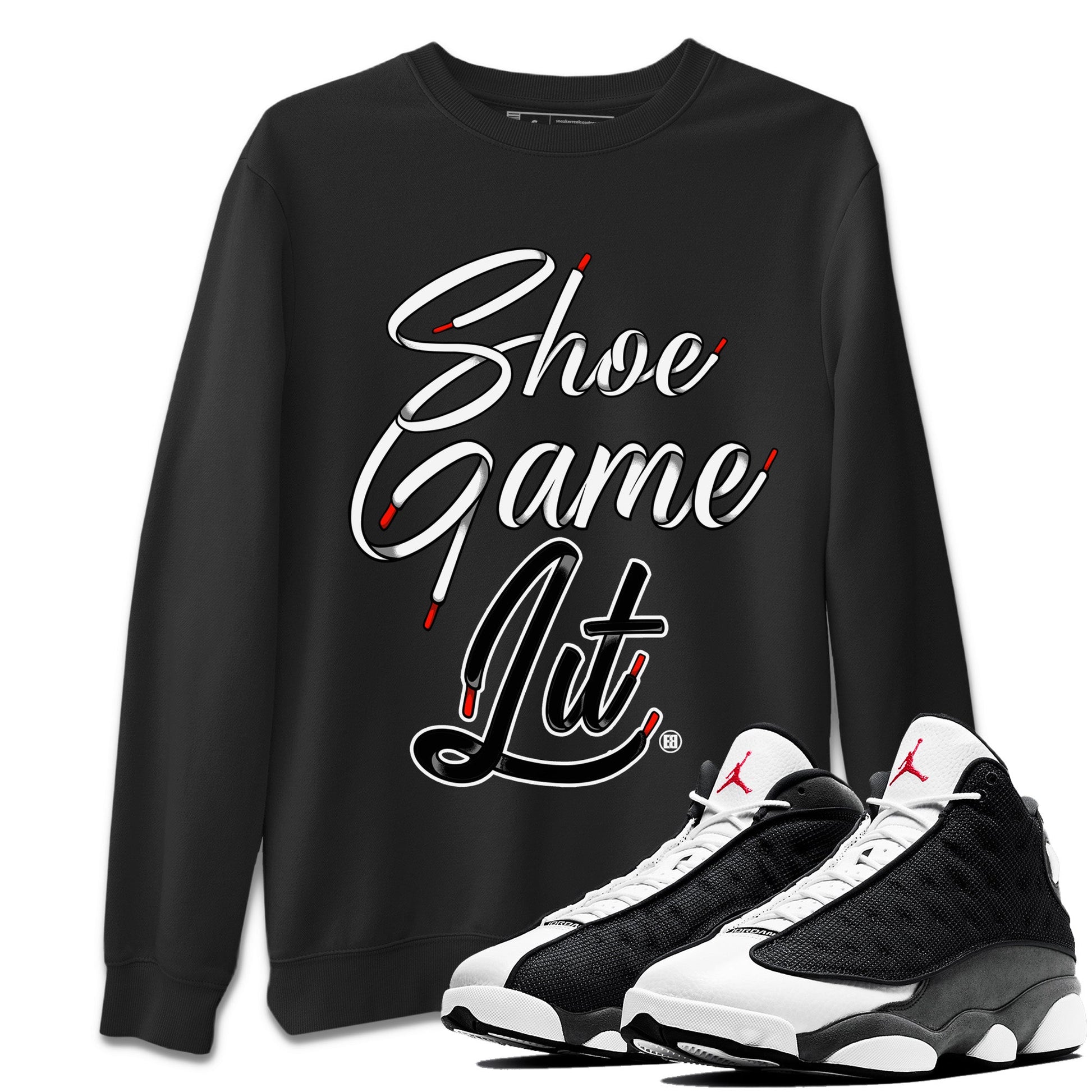 Air Jordan 13 Black Flint Sneaker Match Tees Shoe Game Lit Shoe Lace Sneaker Tees Air Jordan 13 Black Flint Sneaker Release Tees Unisex Shirts Black 1