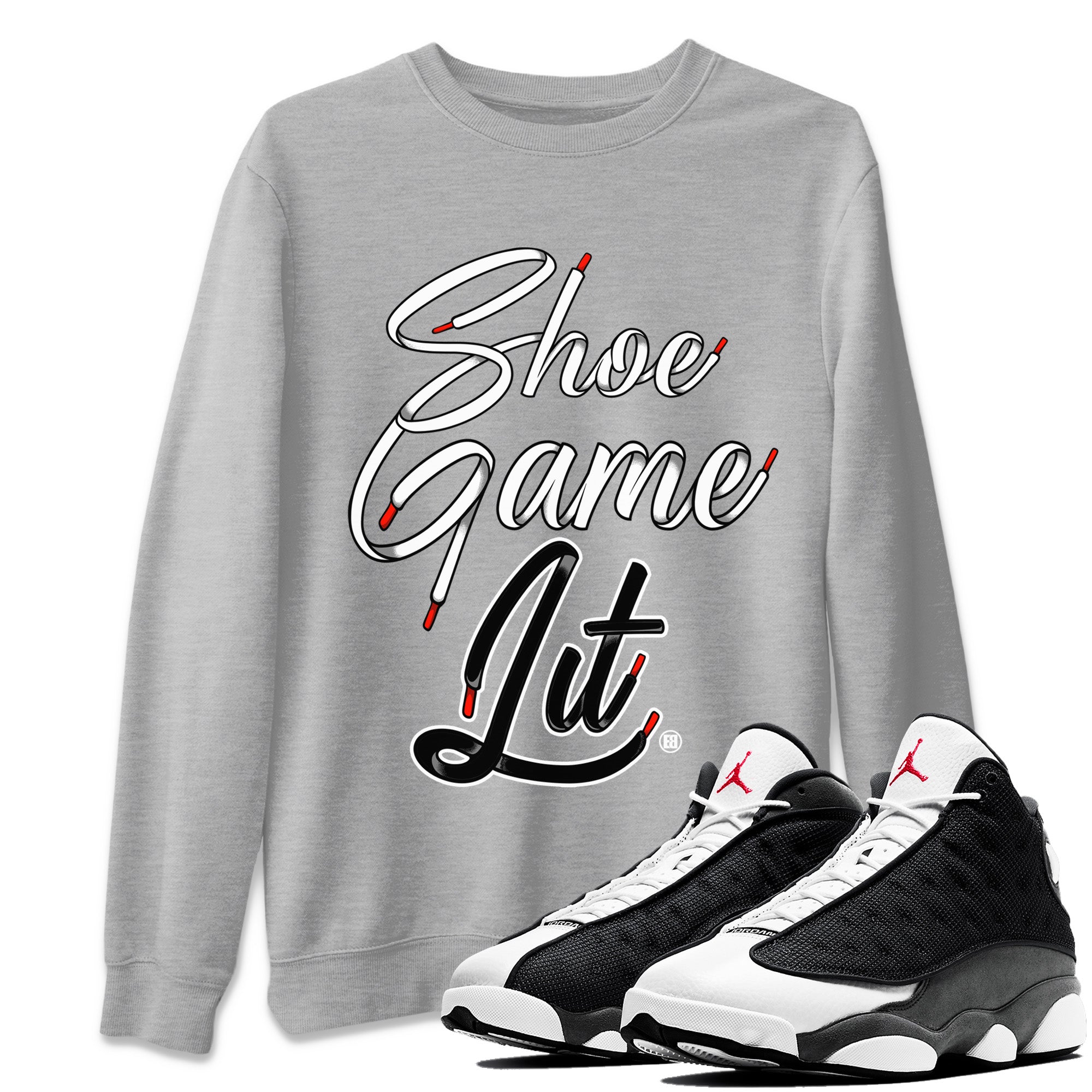 Air Jordan 13 Black Flint Sneaker Match Tees Shoe Game Lit Shoe Lace Sneaker Tees Air Jordan 13 Black Flint Sneaker Release Tees Unisex Shirts Heather Grey 1