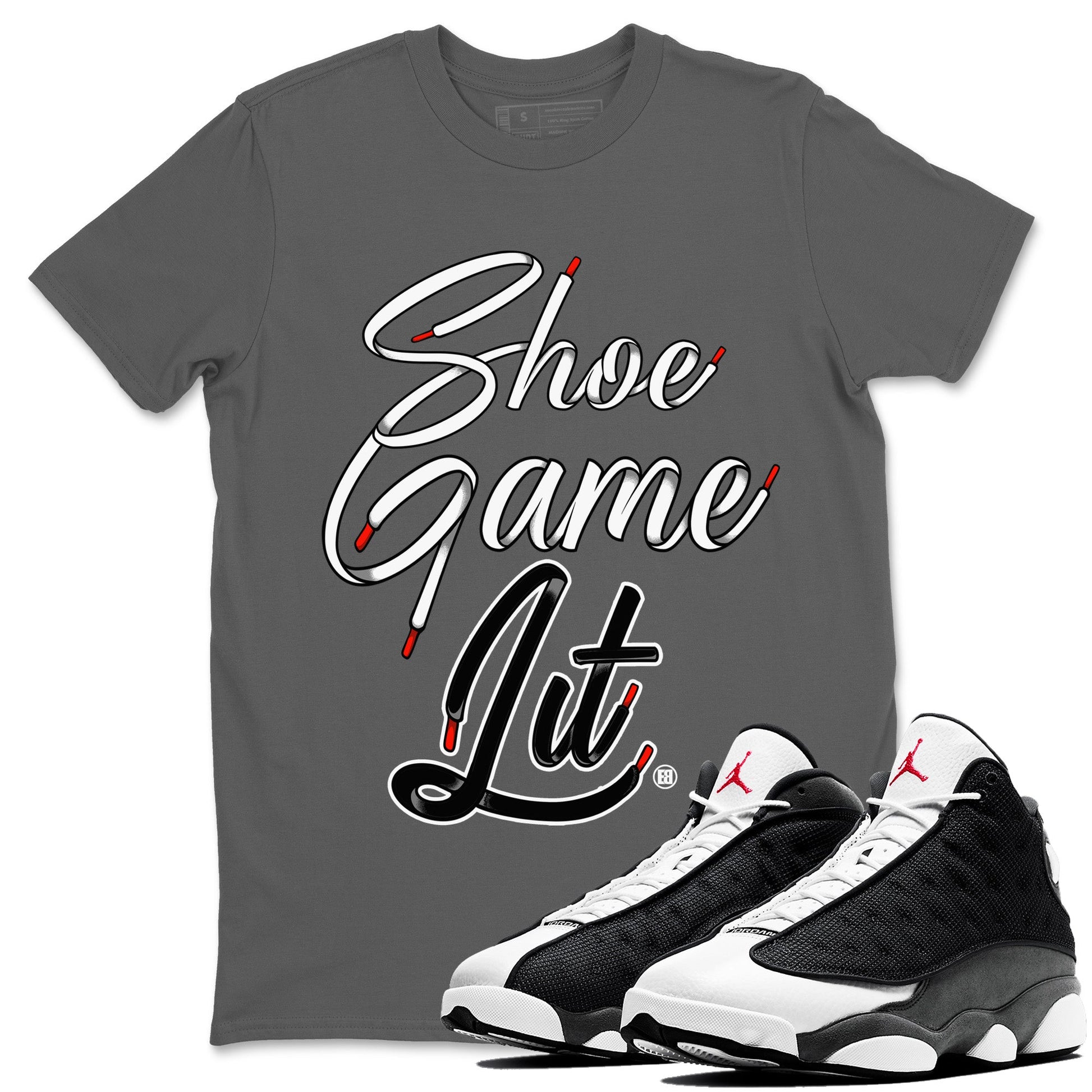 Air Jordan 13 Black Flint Shoe Game Lit Shoe Lace Crew Neck Sneaker Tees Air Jordan 13 Black Flint Sneaker T-Shirts Washing and Care Tip