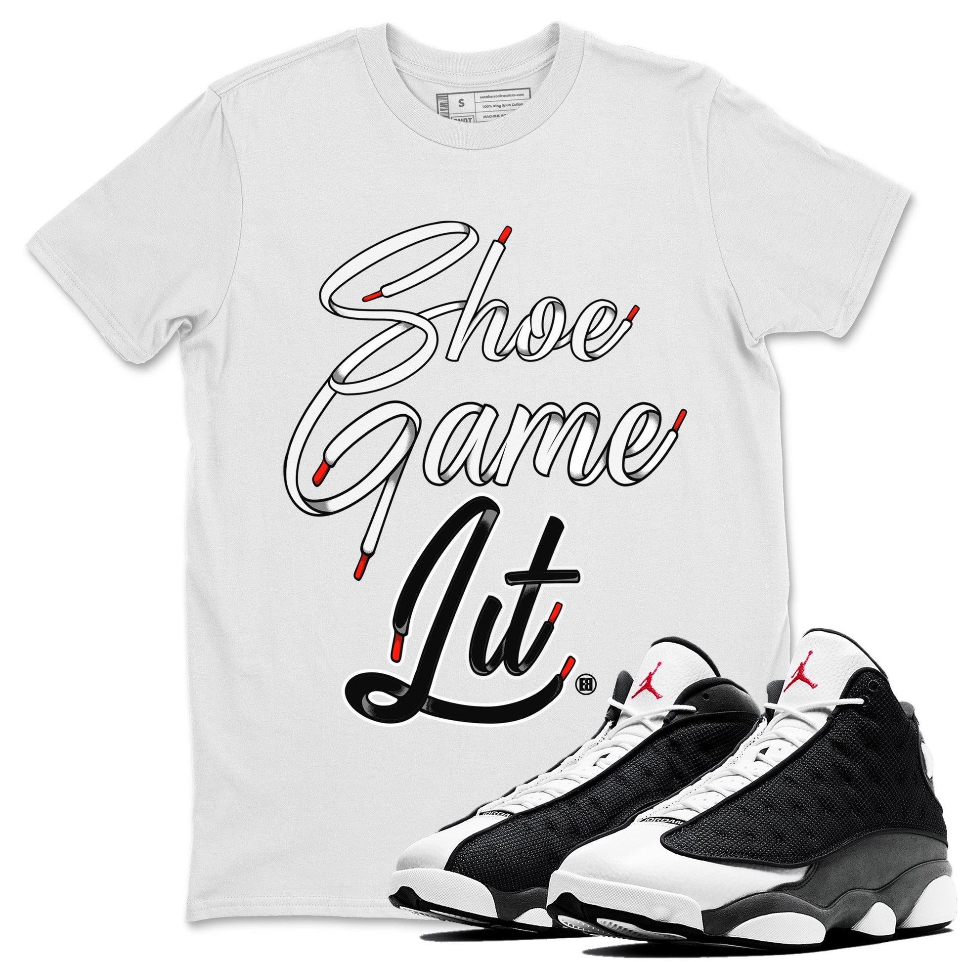 Air Jordan 13 Black Flint Sneaker Match Tees Shoe Game Lit Shoe Lace Sneaker Tees Air Jordan 13 Black Flint Sneaker Release Tees Unisex Shirts White 1