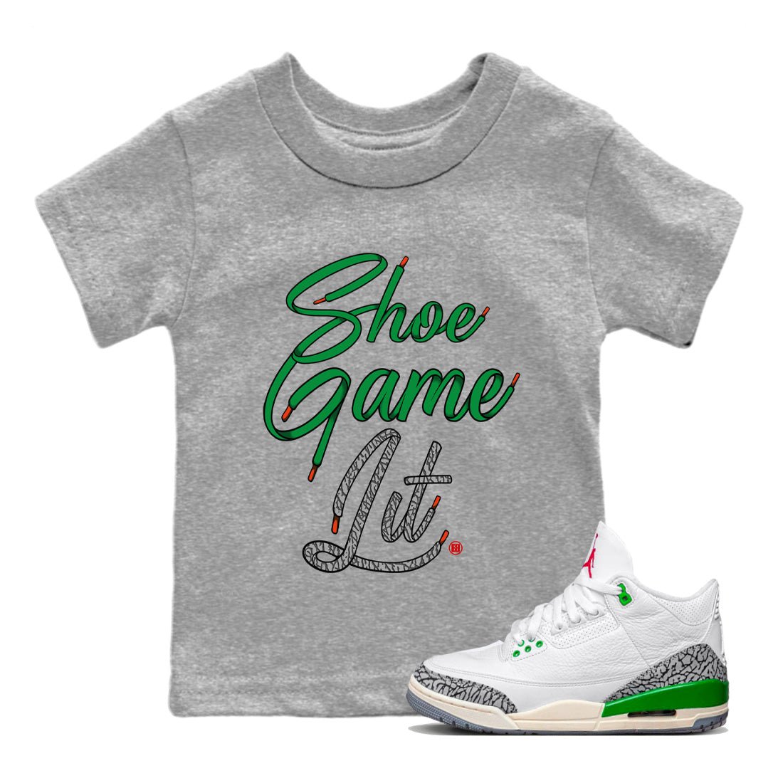Air Jordan 3 Lucky Green Shoe Game Lit Shoe Lace Baby and Kids Sneaker Tees Air Jordan 3 Lucky Green Kids Sneaker Tees Size Chart