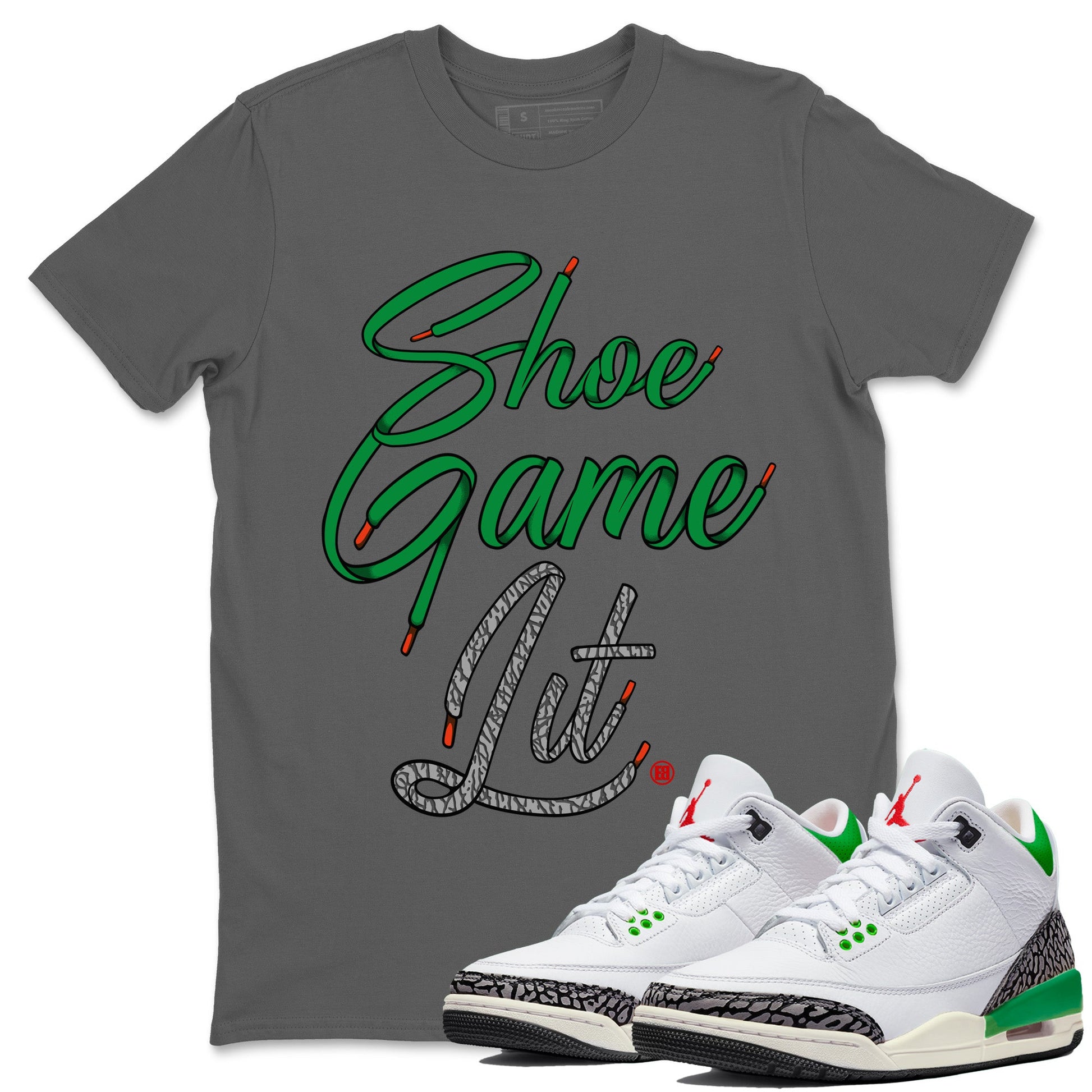 Air Jordan 3 Lucky Green Shoe Game Lit Shoe Lace Crew Neck Sneaker Tees Air Jordan 3 Lucky Green Sneaker T-Shirts Washing and Care Tip
