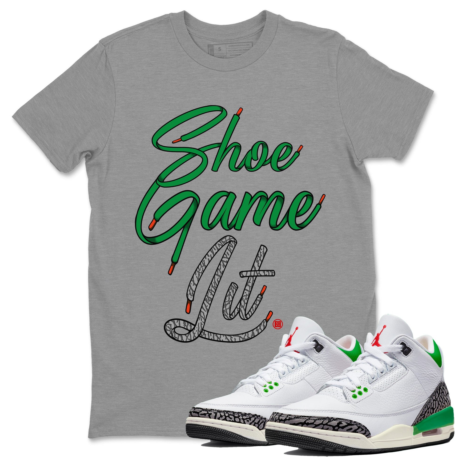 Air Jordan 3 Lucky Green Shoe Game Lit Shoe Lace Crew Neck Sneaker Tees Air Jordan 3 Lucky Green Sneaker T-Shirts Size Chart