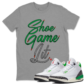 Air Jordan 3 Lucky Green Shoe Game Lit Shoe Lace Crew Neck Sneaker Tees Air Jordan 3 Lucky Green Sneaker T-Shirts Size Chart