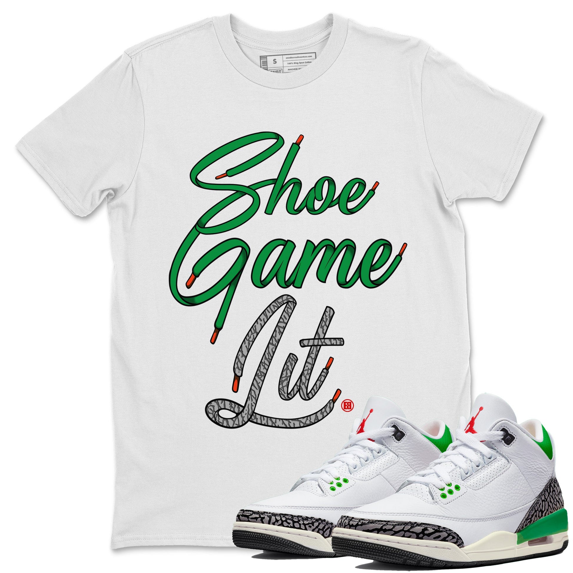 Air Jordan 3 Lucky Green Sneaker Match Tees Shoe Game Lit Shoe Lace Sneaker Tees Air Jordan 3 Lucky Green Sneaker Release Tees Unisex Shirts White 1
