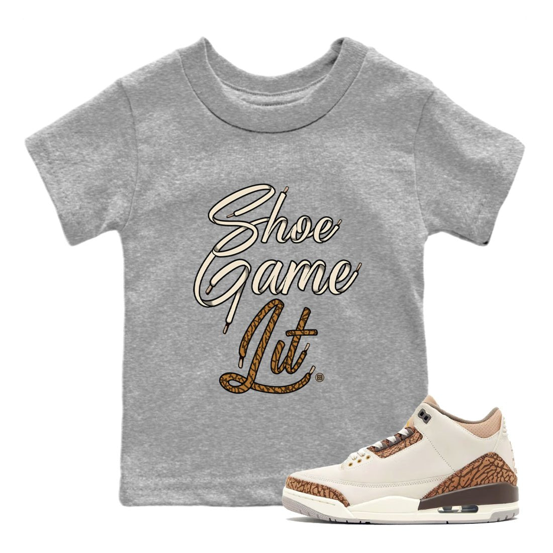 Air Jordan 3 Palomino Sneaker Match Tees Shoe Game Lit Shoe Lace Sneaker Tees Jordan 3 Retro Palomino Sneaker Release Tees Kids Shirts Heather Grey 1