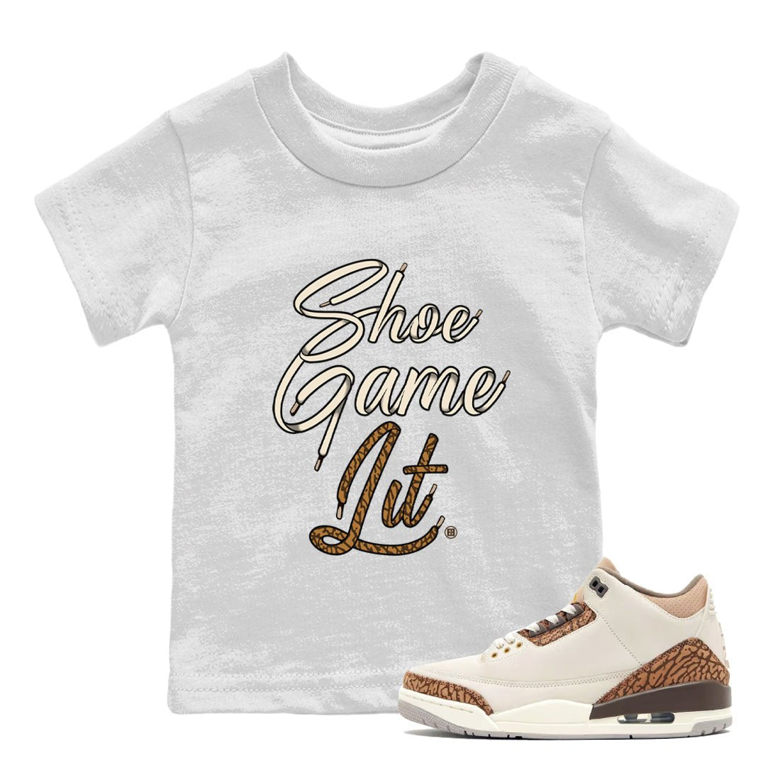 Air Jordan 3 Palomino Sneaker Match Tees Shoe Game Lit Shoe Lace Sneaker Tees Jordan 3 Retro Palomino Sneaker Release Tees Kids Shirts White 1