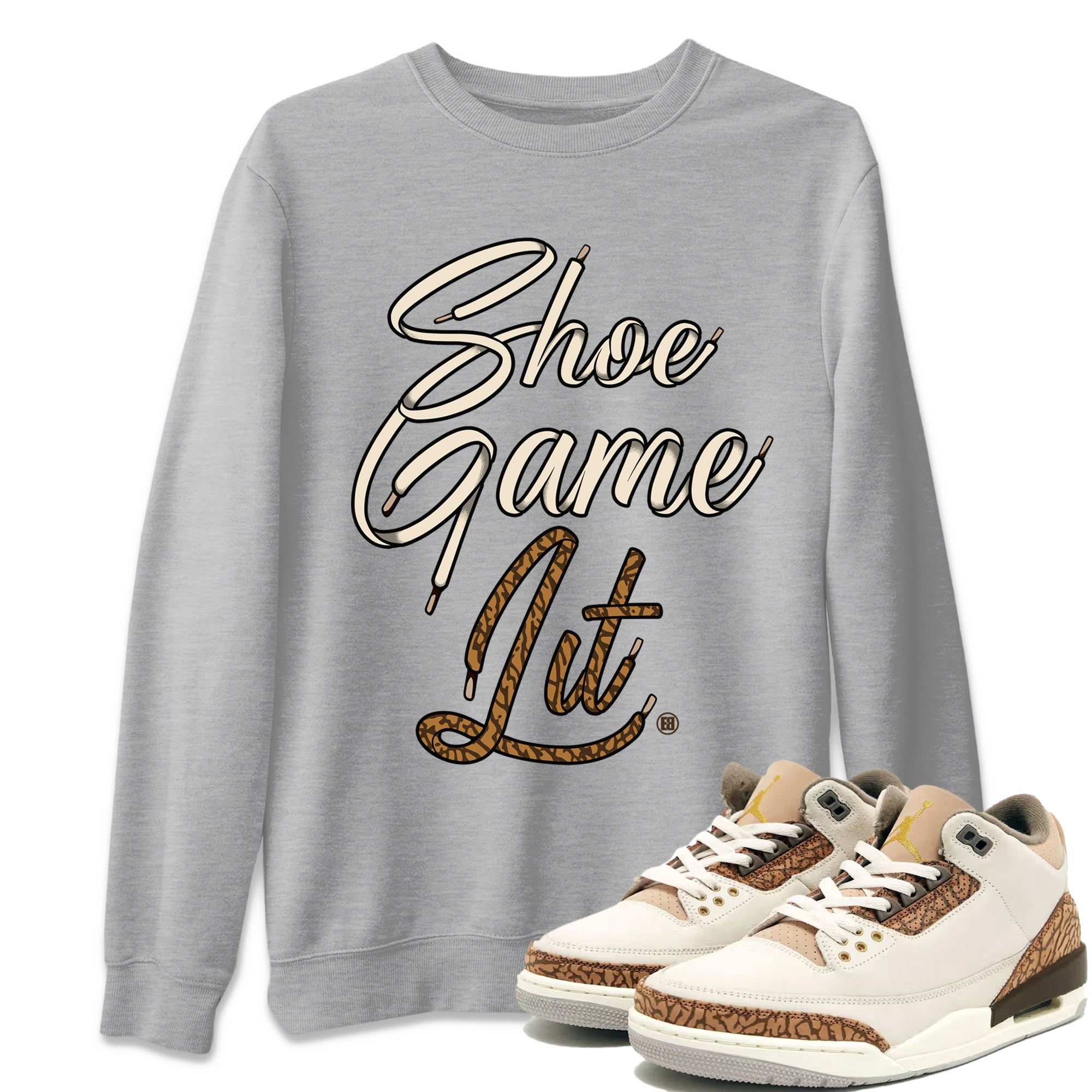 Air Jordan 3 Palomino Sneaker Match Tees Shoe Game Lit Shoe Lace Sneaker Tees Jordan 3 Retro Palomino Sneaker Release Tees Unisex Shirts Heather Grey 1