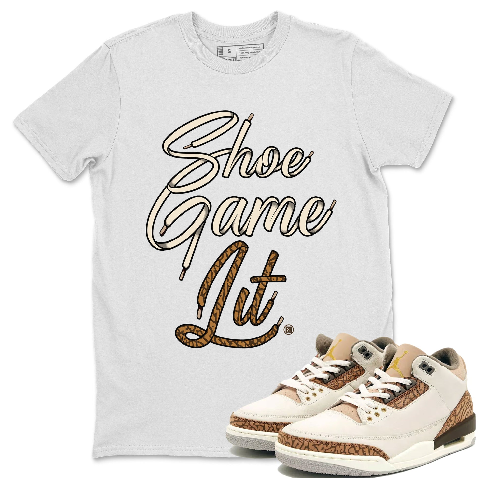 Air Jordan 3 Palomino Sneaker Match Tees Shoe Game Lit Shoe Lace Sneaker Tees Jordan 3 Retro Palomino Sneaker Release Tees Unisex Shirts White 1