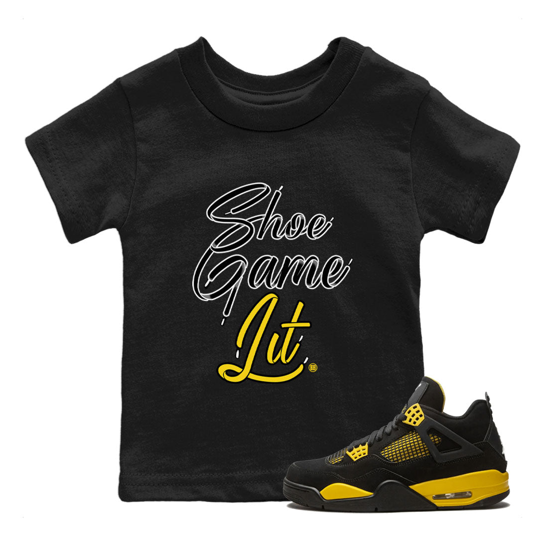Air Jordan 4 Thunder Sneaker Match Tees Shoe Game Lit Shoe Lace Sneaker Tees Air Jordan 4 Retro Thunder Tees Kids Shirts Black 1