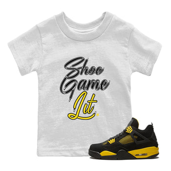 Air Jordan 4 Thunder Sneaker Match Tees Shoe Game Lit Shoe Lace Sneaker Tees Air Jordan 4 Retro Thunder Tees Kids Shirts White 1