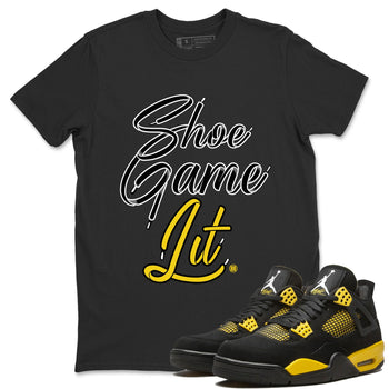 Air Jordan 4 Thunder Sneaker Match Tees Shoe Game Lit Shoe Lace Sneaker Tees Air Jordan 4 Retro Thunder Tees Unisex Shirts Black 1