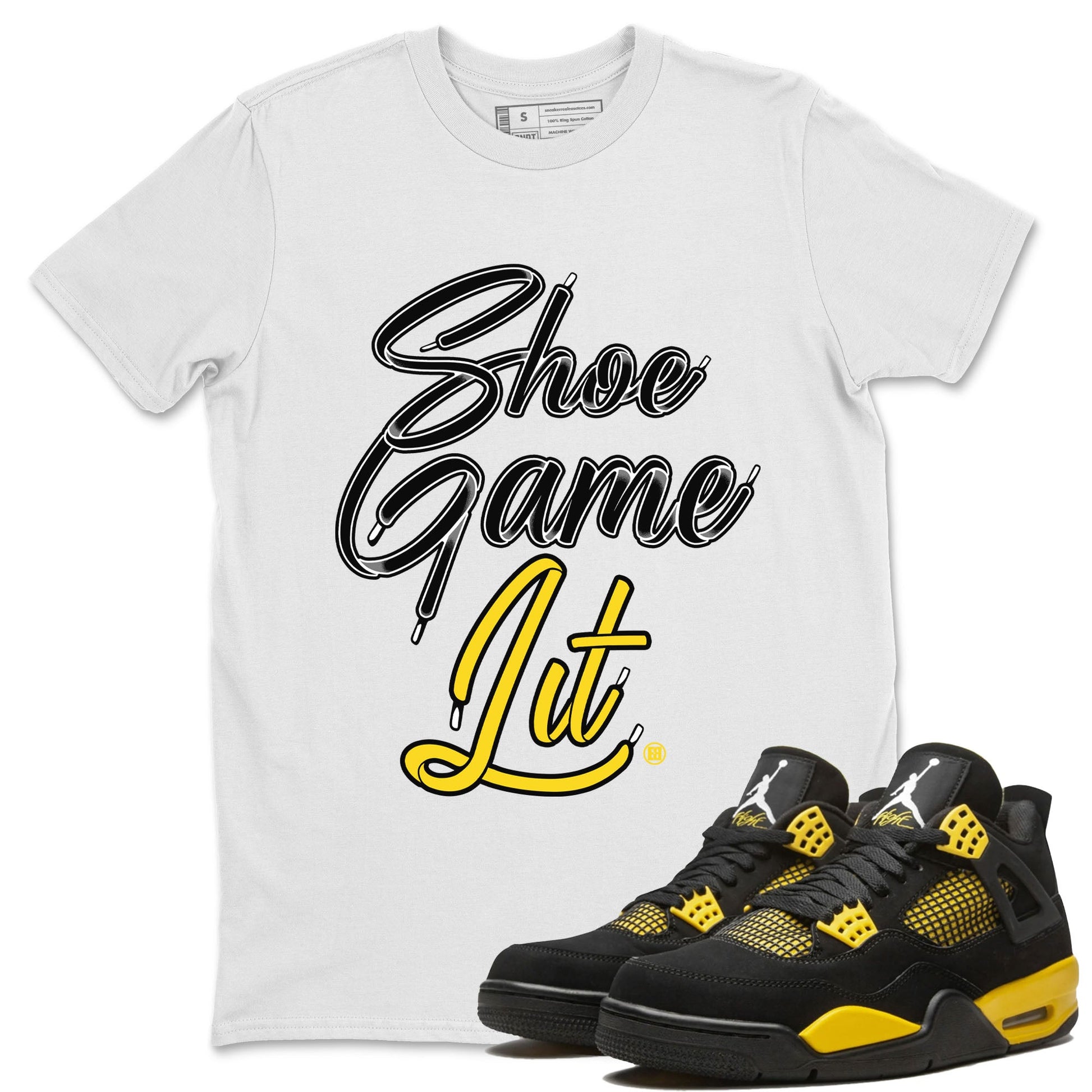 Air Jordan 4 Thunder Sneaker Match Tees Shoe Game Lit Shoe Lace Sneaker Tees Air Jordan 4 Retro Thunder Tees Unisex Shirts White 1