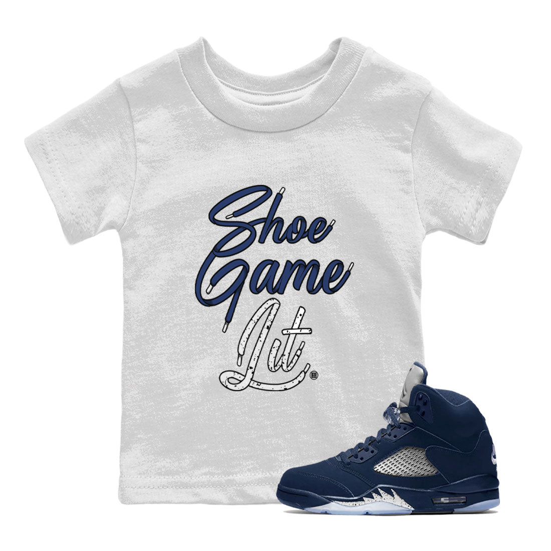 Air Jordan 5 Georgetown shirt to match jordans Shoe Game Lit Shoe Lace sneaker tees Air Jordan 5 Retro Midnight Navy SNRT Sneaker Release Tees Baby Toddler White 1 T-Shirt