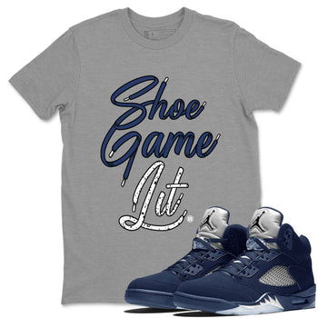 Air Jordan 5 Georgetown shirt to match jordans Shoe Game Lit Shoe Lace sneaker tees Air Jordan 5 Retro Midnight Navy SNRT Sneaker Release Tees Unisex Heather Grey 1 T-Shirt