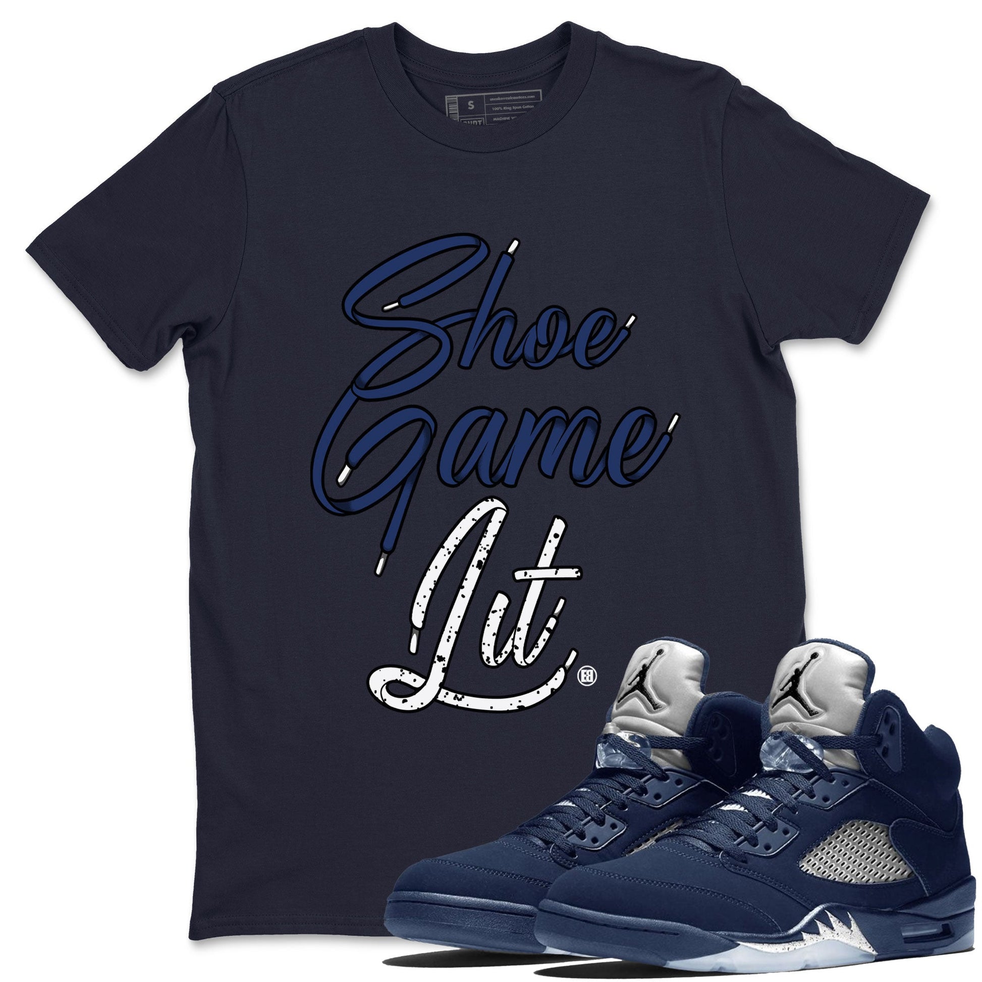 Air Jordan 5 Georgetown shirt to match jordans Shoe Game Lit Shoe Lace sneaker tees Air Jordan 5 Retro Midnight Navy SNRT Sneaker Release Tees Unisex Navy 1 T-Shirt