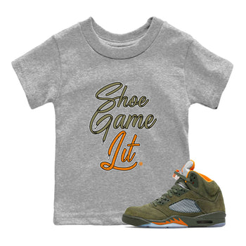 5s Olive shirt to match jordans Shoe Game Lit Shoe Lace sneaker tees Air Jordan 5 Olive SNRT sneaker release tees baby toddler Heather Grey 1 cotton Shirt