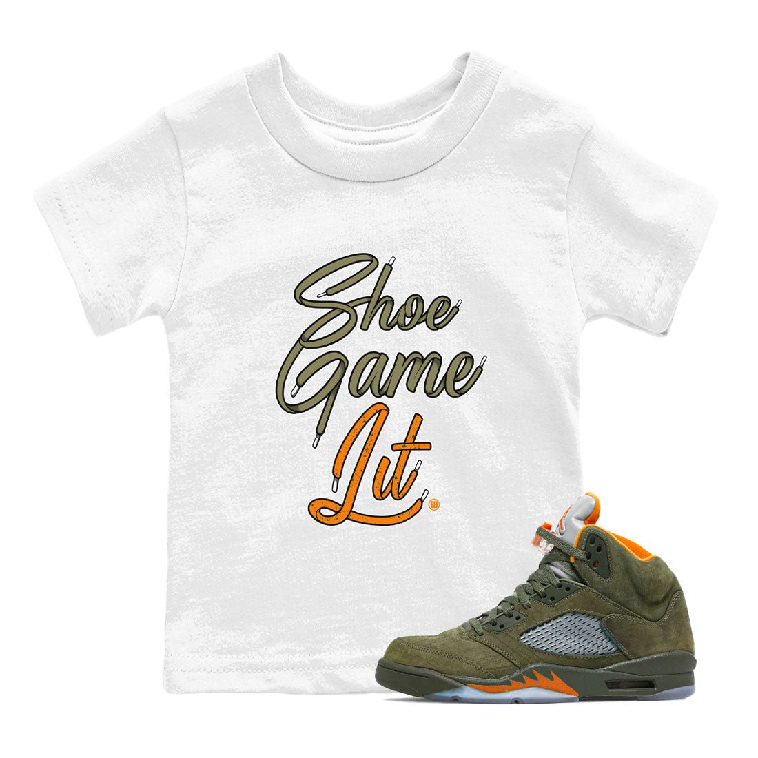 5s Olive shirt to match jordans Shoe Game Lit Shoe Lace sneaker tees Air Jordan 5 Olive SNRT sneaker release tees baby toddler White 1 cotton Shirt