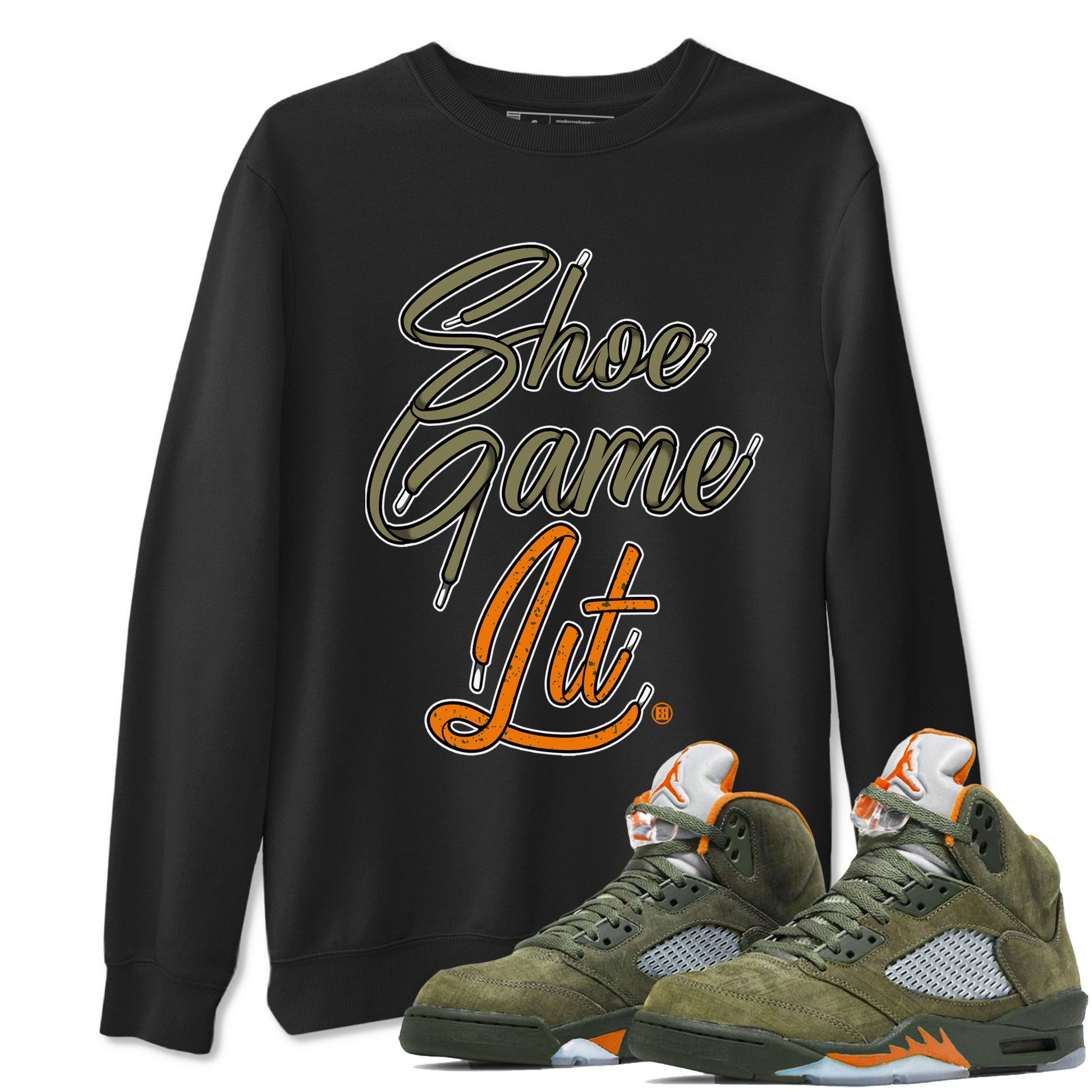 5s Olive shirt to match jordans Shoe Game Lit Shoe Lace sneaker tees Air Jordan 5 Retro Olive SNRT Sneaker Release Tees unisex cotton Black 1 crew neck shirt