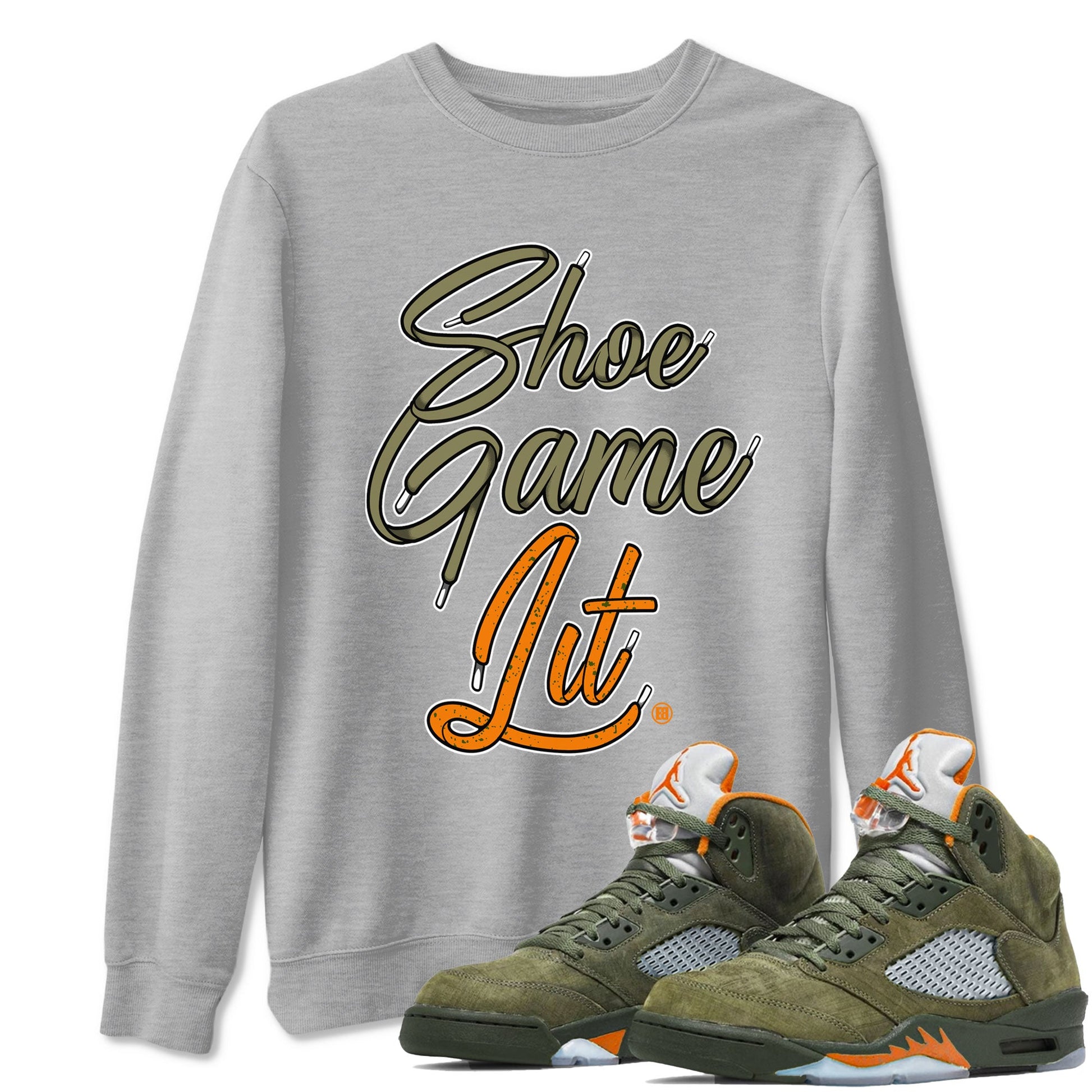 5s Olive shirt to match jordans Shoe Game Lit Shoe Lace sneaker tees Air Jordan 5 Retro Olive SNRT Sneaker Release Tees unisex cotton Heather Grey 1 crew neck shirt