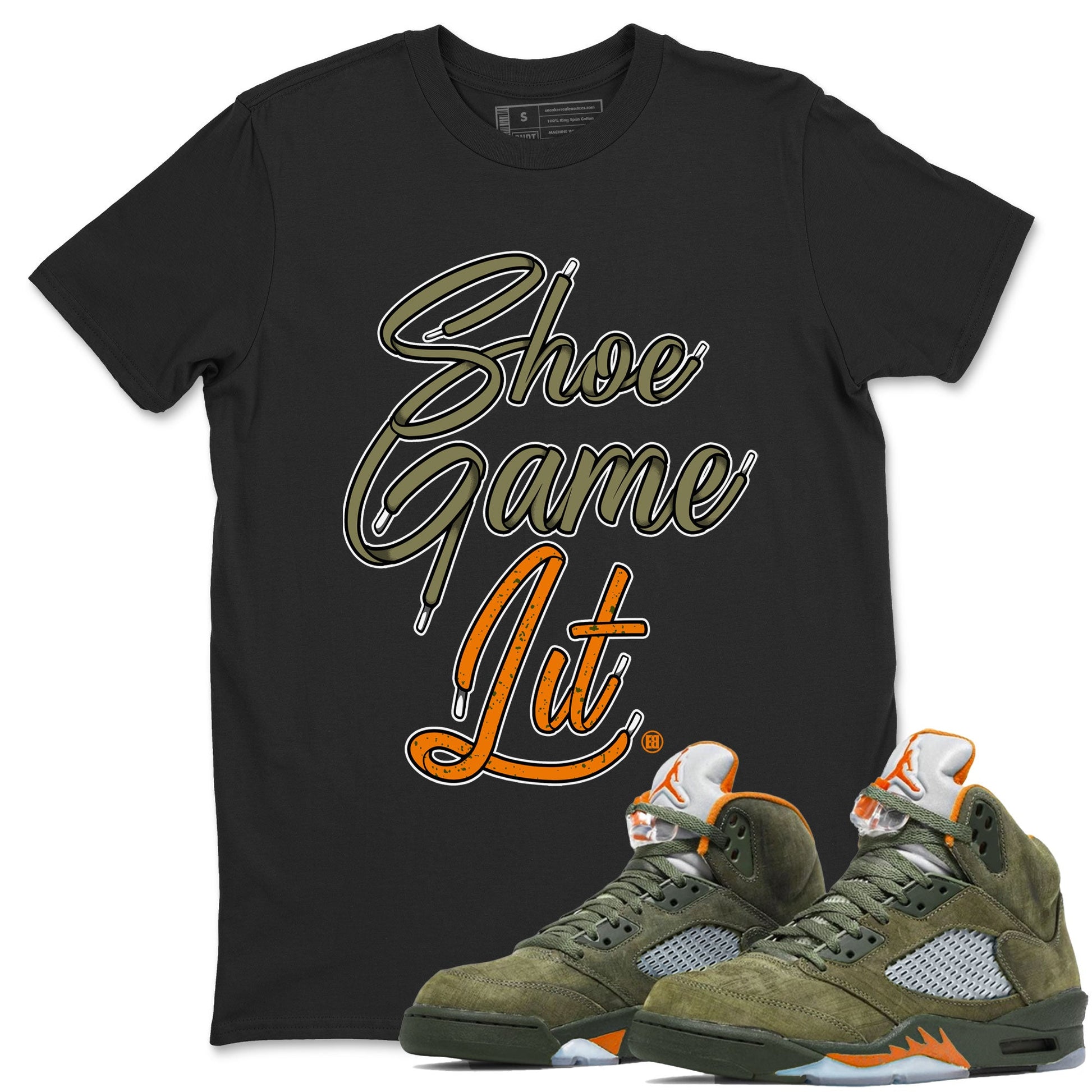 5s Olive shirt to match jordans Shoe Game Lit Shoe Lace sneaker tees Air Jordan 5 Retro Olive SNRT Sneaker Release Tees unisex cotton Black 1 crew neck shirt