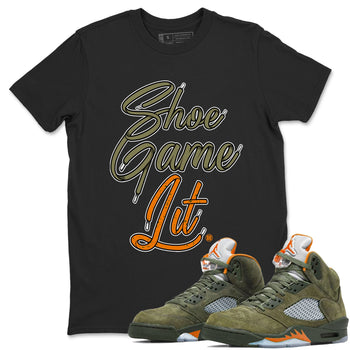5s Olive shirt to match jordans Shoe Game Lit Shoe Lace sneaker tees Air Jordan 5 Retro Olive SNRT Sneaker Release Tees unisex cotton Black 1 crew neck shirt