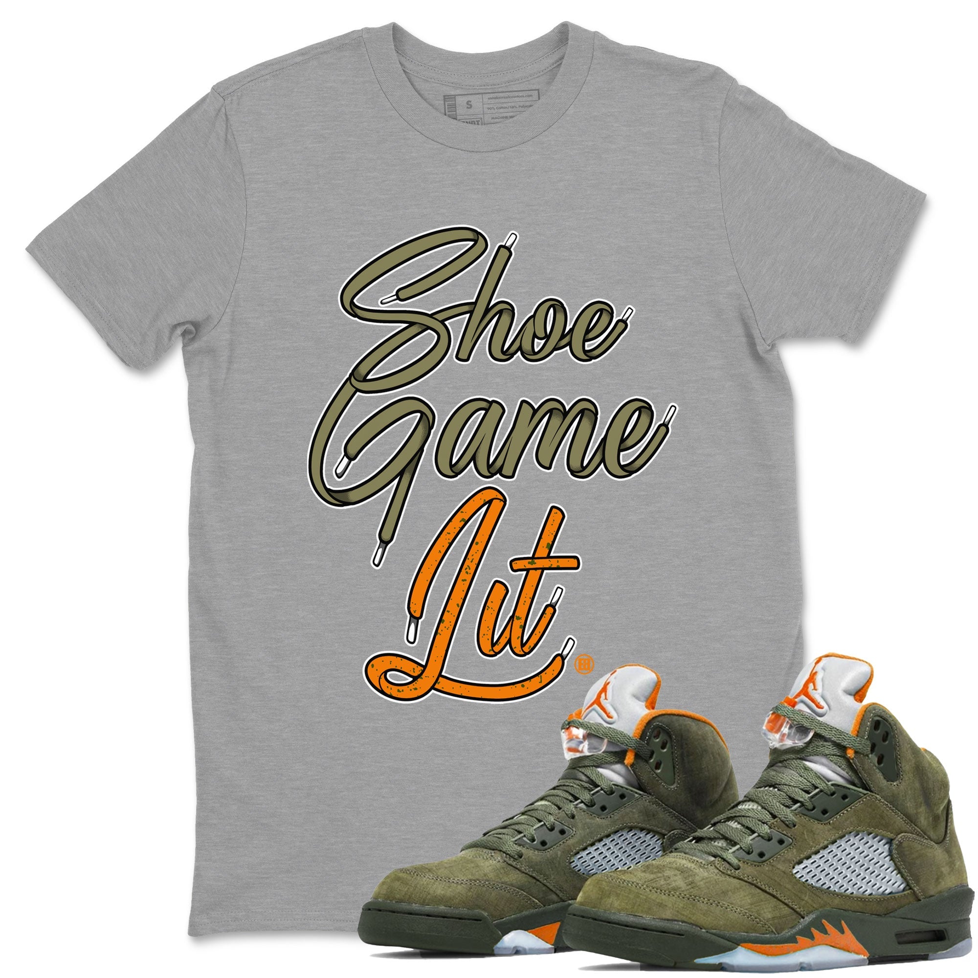 5s Olive shirt to match jordans Shoe Game Lit Shoe Lace sneaker tees Air Jordan 5 Retro Olive SNRT Sneaker Release Tees unisex cotton Heather Grey 1 crew neck shirt