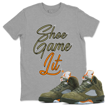 5s Olive shirt to match jordans Shoe Game Lit Shoe Lace sneaker tees Air Jordan 5 Retro Olive SNRT Sneaker Release Tees unisex cotton Heather Grey 1 crew neck shirt