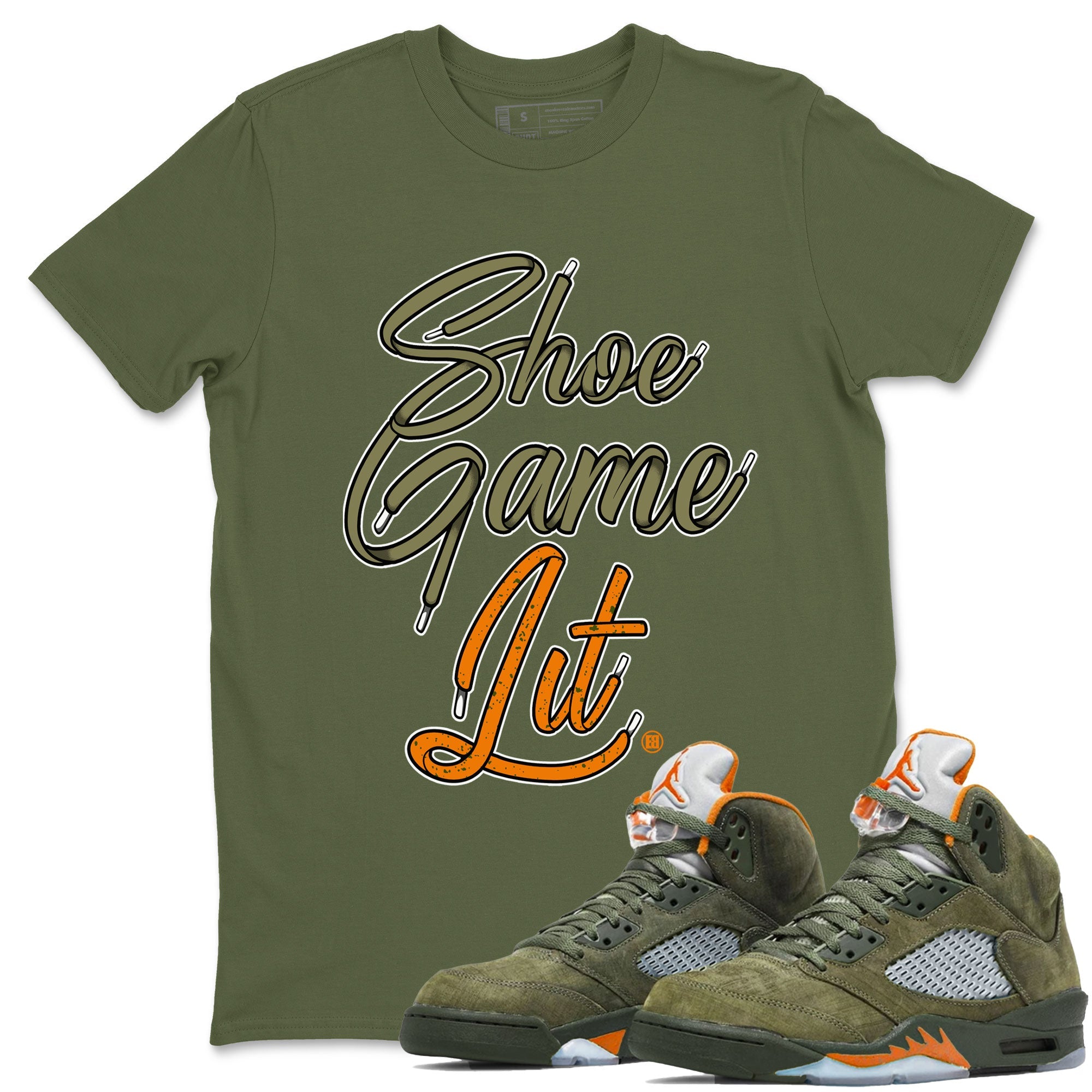 5s Olive shirt to match jordans Shoe Game Lit Shoe Lace sneaker tees Air Jordan 5 Retro Olive SNRT Sneaker Release Tees unisex cotton Military Green 1 crew neck shirt