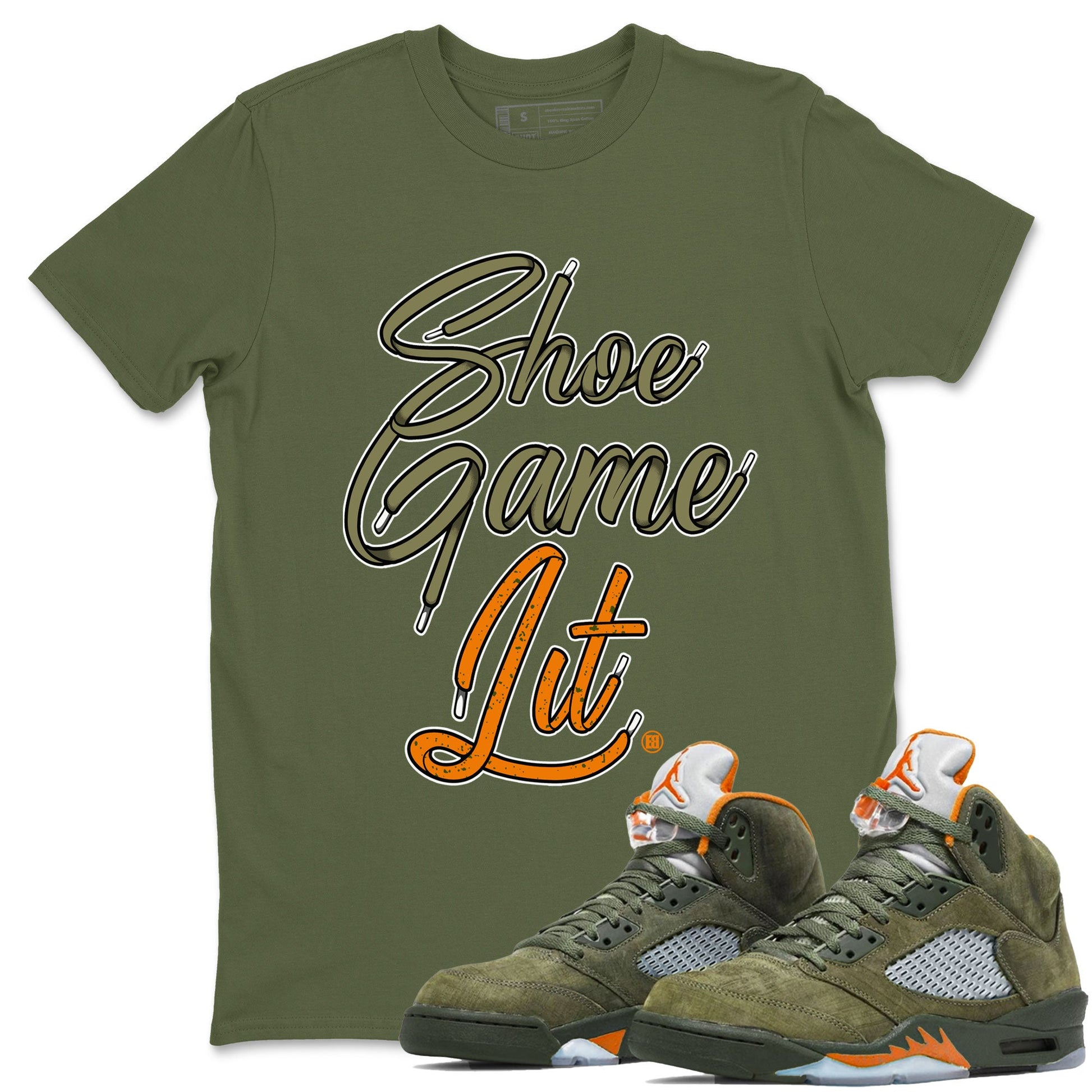 5s Olive shirt to match jordans Shoe Game Lit Shoe Lace sneaker tees Air Jordan 5 Retro Olive SNRT Sneaker Release Tees unisex cotton Military Green 1 crew neck shirt