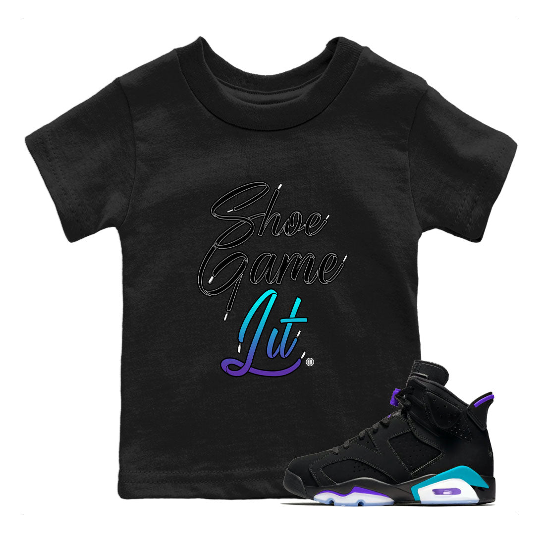 Air Jordan 6 Aqua shirt to match jordans Shoe Game Lit Shoe Lace sneaker tees 6s Aqua SNRT Sneaker Release Tees Baby Toddler Black 1 T-Shirt