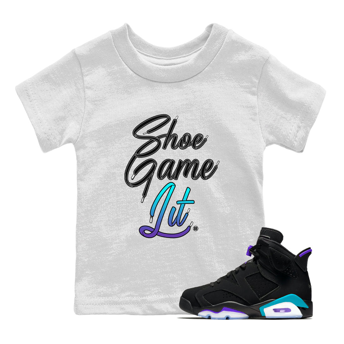 Air Jordan 6 Aqua shirt to match jordans Shoe Game Lit Shoe Lace sneaker tees 6s Aqua SNRT Sneaker Release Tees Baby Toddler White 1 T-Shirt