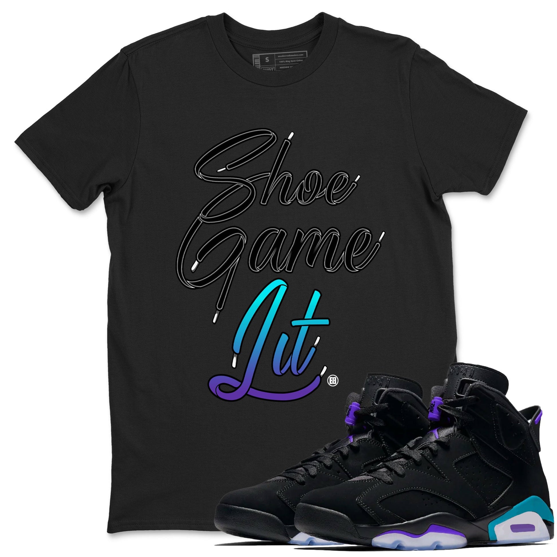Air Jordan 6 Aqua shirt to match jordans Shoe Game Lit Shoe Lace sneaker tees 6s Aqua SNRT Sneaker Release Tees Unisex Black 1 T-Shirt