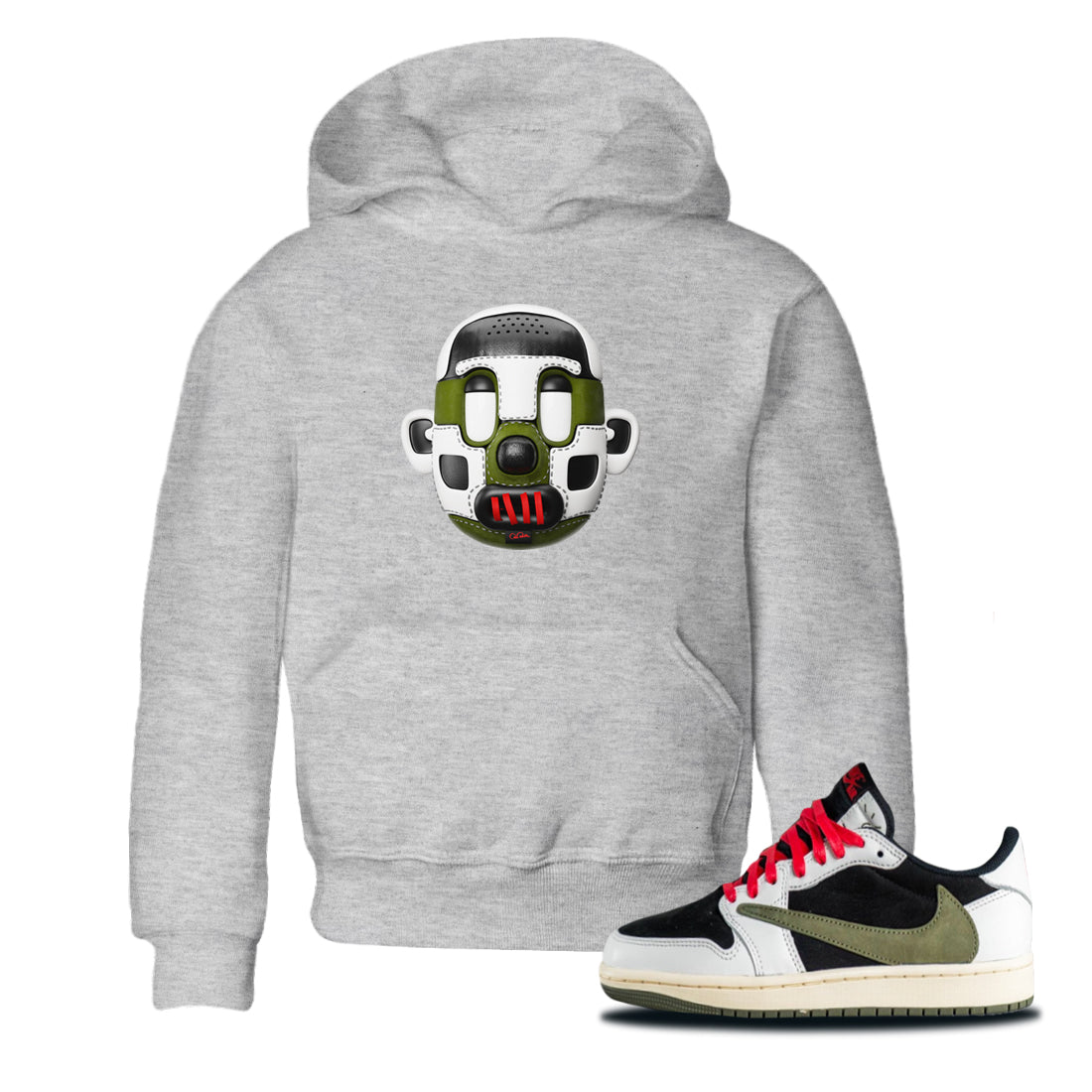 Air Jordan 1 Travis Scott Olive Sneaker Match Tees Shoe Head Sneaker Tees AJ1 Travis Scott Olive Sneaker Release Tees Kids Shirts Heather Grey 1