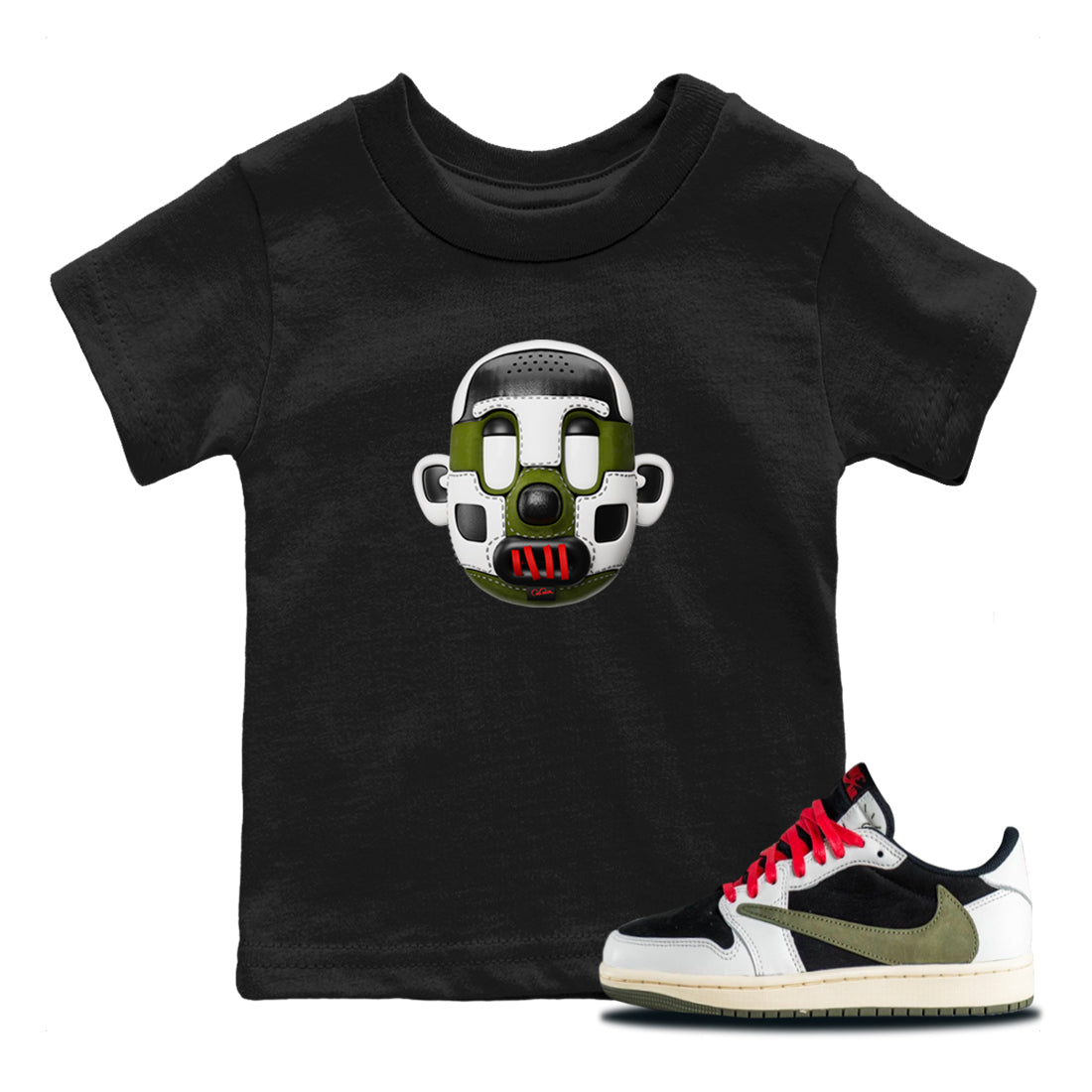 Air Jordan 1 Travis Scott Olive Sneaker Match Tees Shoe Head Sneaker Tees AJ1 Travis Scott Olive Sneaker Release Tees Kids Shirts Black 1
