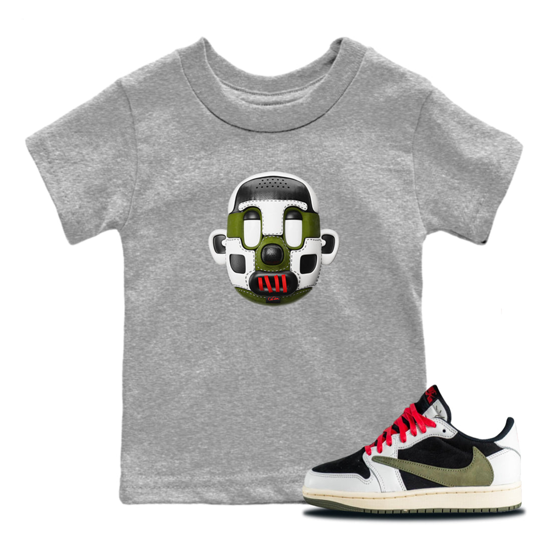 Air Jordan 1 Travis Scott Olive Sneaker Match Tees Shoe Head Sneaker Tees AJ1 Travis Scott Olive Sneaker Release Tees Kids Shirts Heather Grey 1