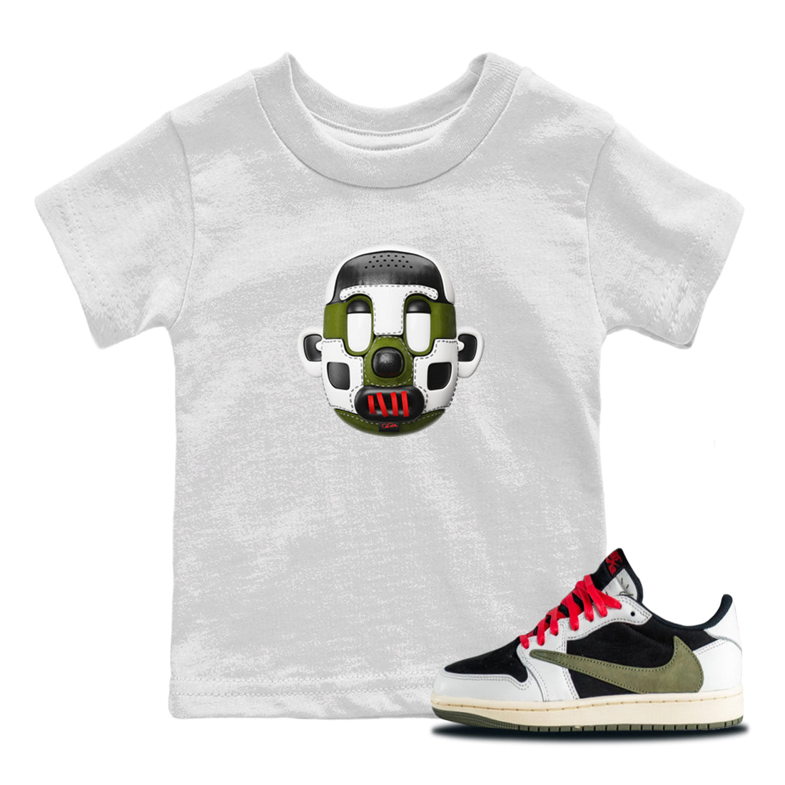 Air Jordan 1 Travis Scott Olive Sneaker Match Tees Shoe Head Sneaker Tees AJ1 Travis Scott Olive Sneaker Release Tees Kids Shirts White 1