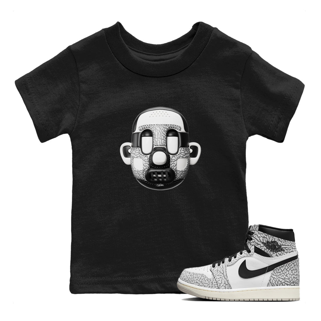 Air Jordan 1 White Cement Sneaker Match Tees Shoe Head Sneaker Tees AJ1 White Cement Sneaker Release Tees Kids Shirts Black 1