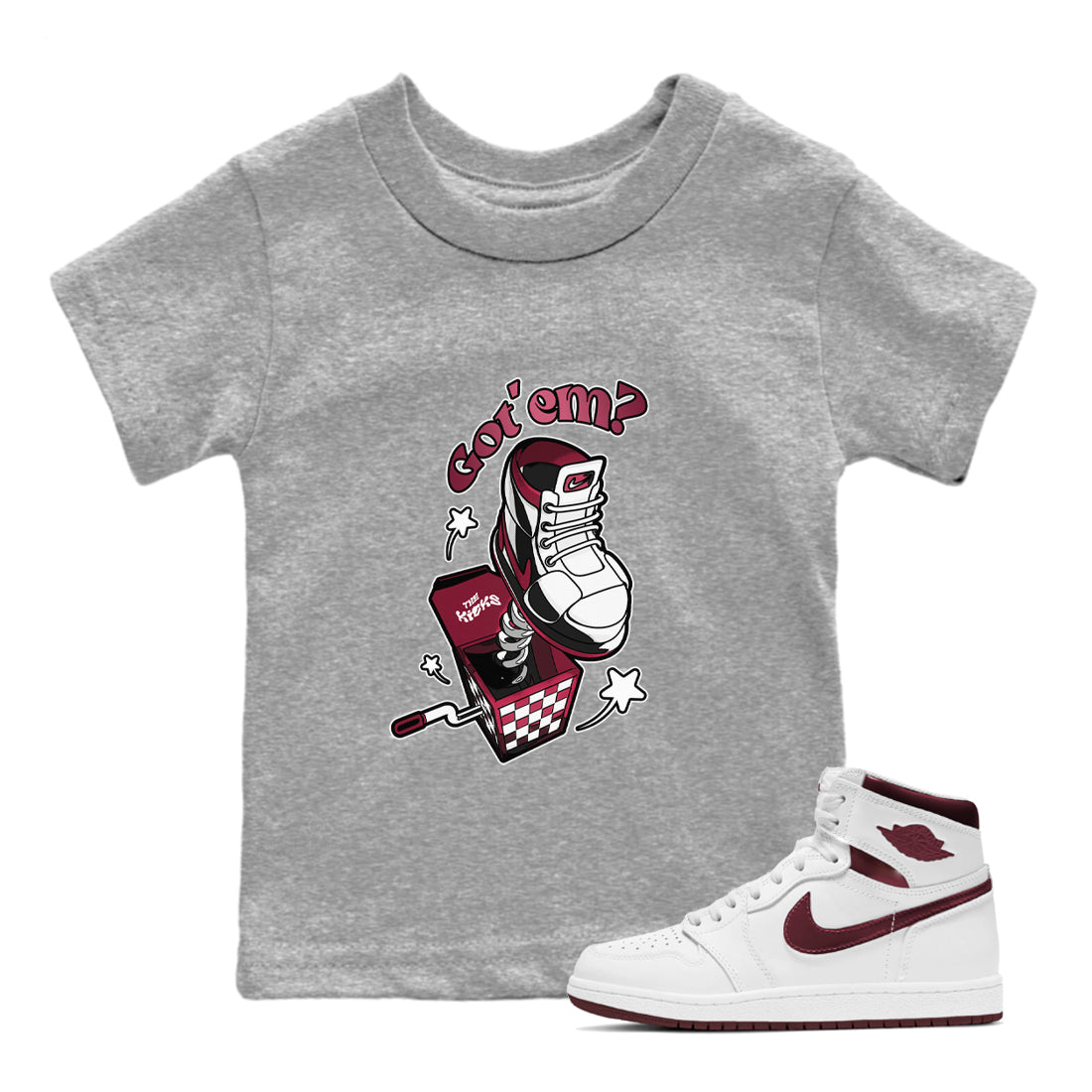 Air Jordan 1 Metallic Burgundy shirt to match jordans Shoe In The Box sneaker tees AJ1 Metallic Burgundy SNRT Sneaker Release Tees Baby Toddler Heather Grey 1 T-Shirt