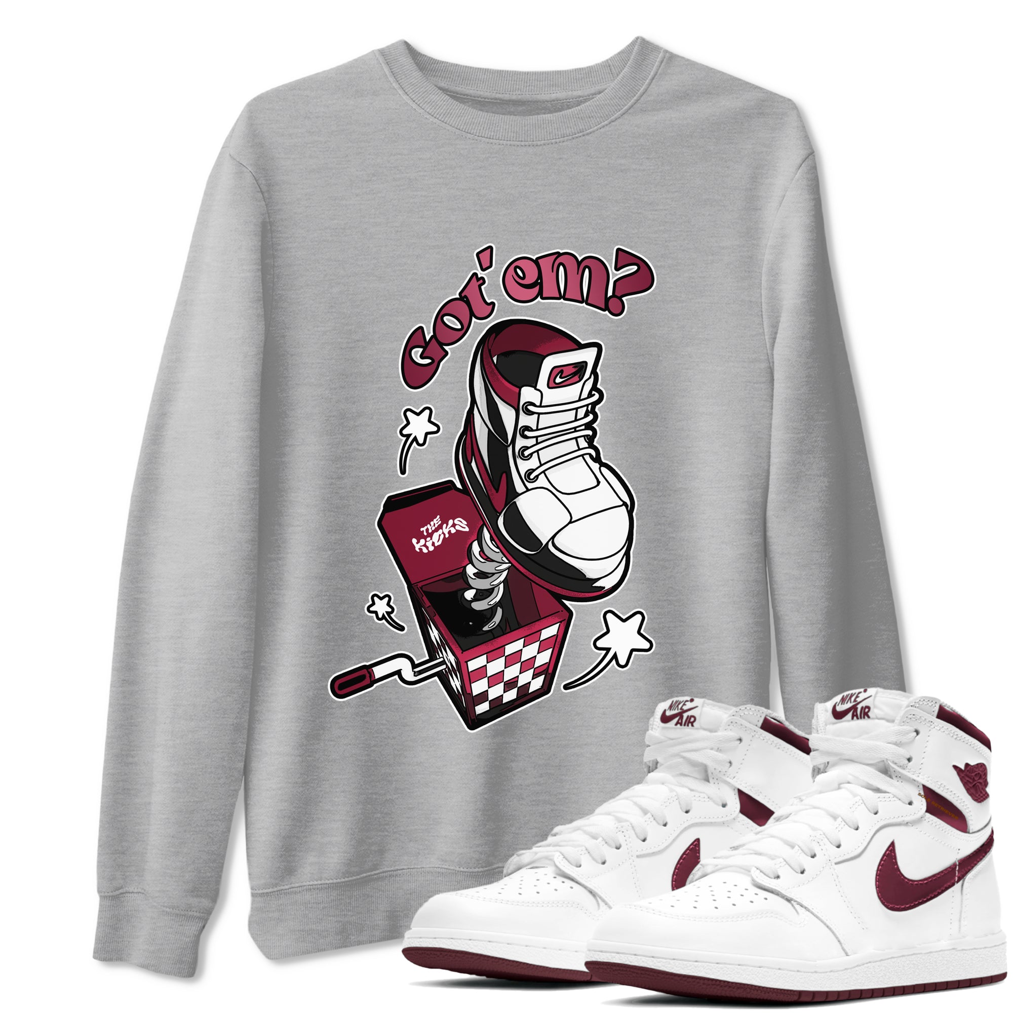Air Jordan 1 Metallic Burgundy shirt to match jordans Shoe In The Box sneaker tees AJ1 Metallic Burgundy SNRT Sneaker Release Tees Unisex Heather Grey 1 T-Shirt