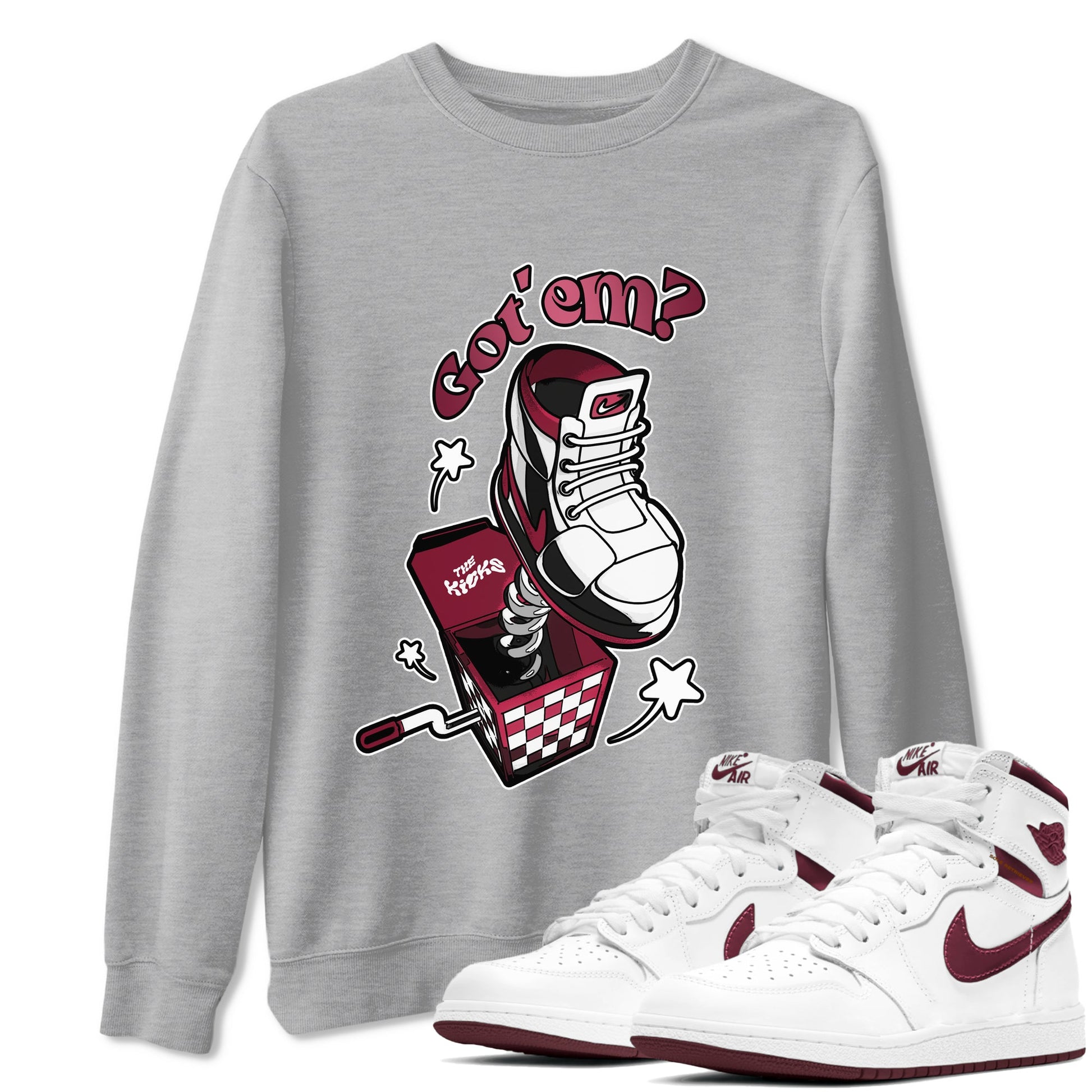 Air Jordan 1 Metallic Burgundy shirt to match jordans Shoe In The Box sneaker tees AJ1 Metallic Burgundy SNRT Sneaker Release Tees Unisex Heather Grey 1 T-Shirt
