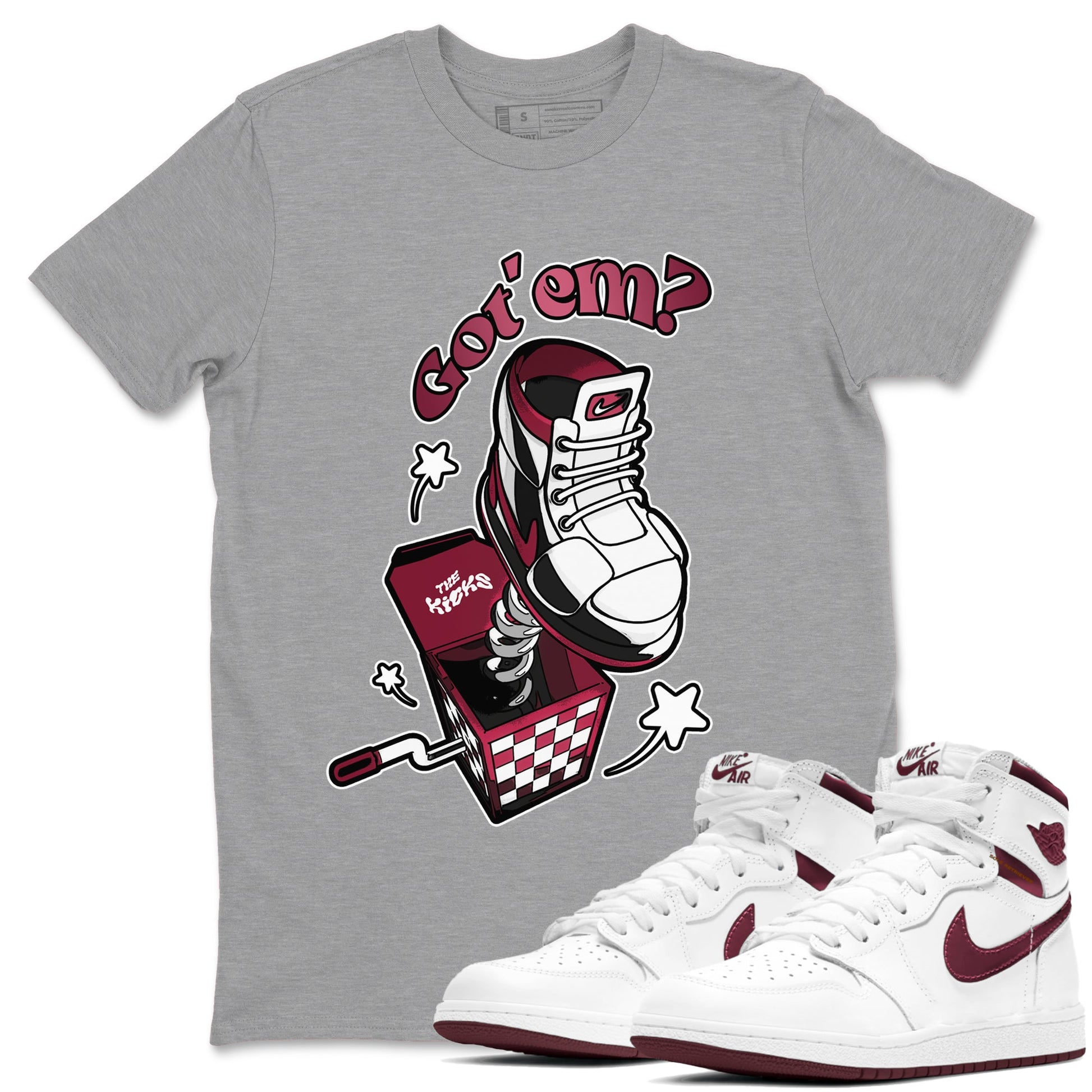 Air Jordan 1 Metallic Burgundy shirt to match jordans Shoe In The Box sneaker tees AJ1 Metallic Burgundy SNRT Sneaker Release Tees Unisex Heather Grey 1 T-Shirt
