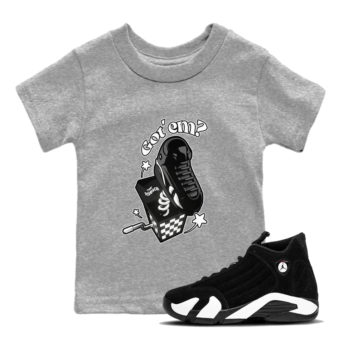 Air Jordan 14 Panda shirt to match jordans Shoe In The Box sneaker tees AJ14 Panda SNRT sneaker release tees baby toddler Heather Grey 1 cotton Shirt