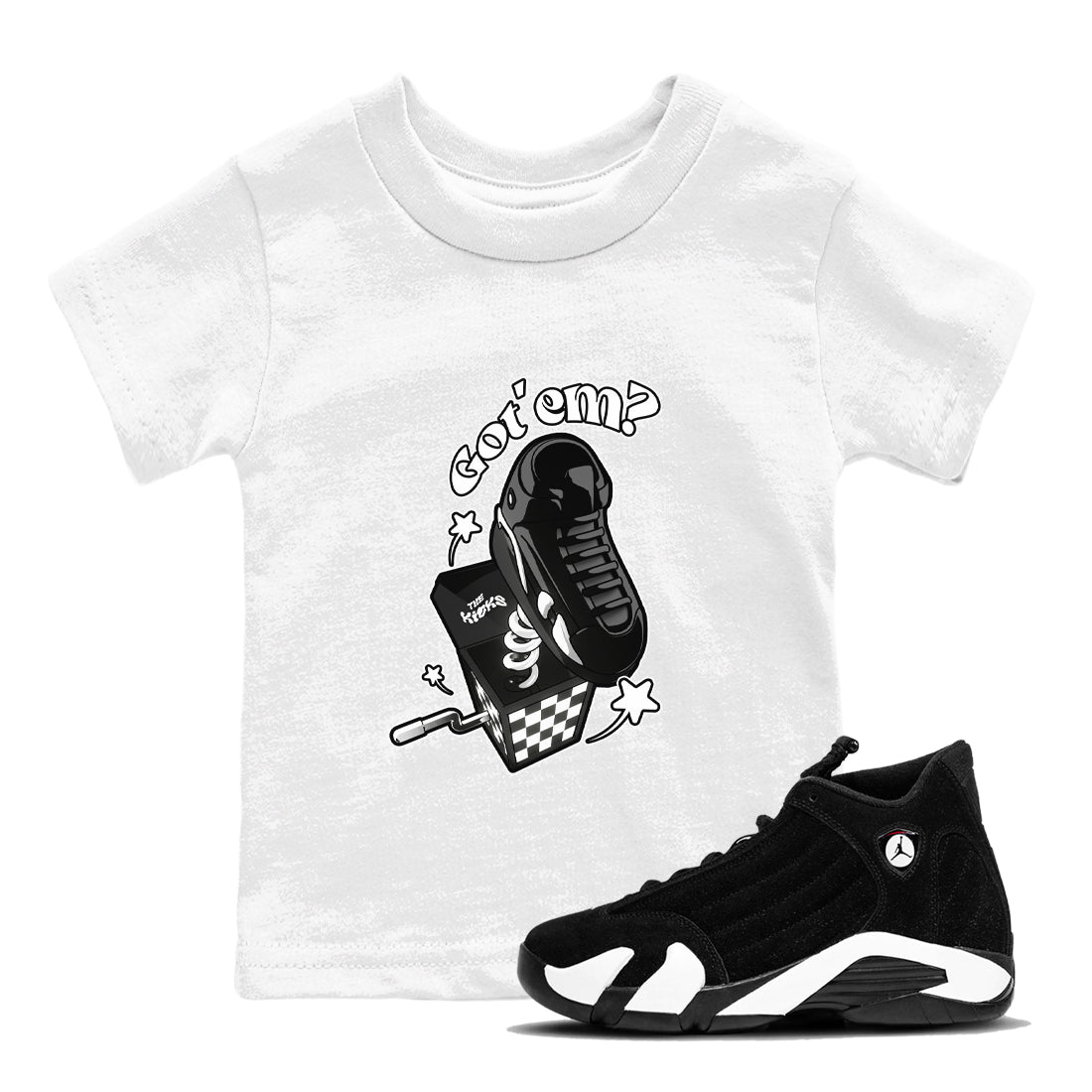 Air Jordan 14 Panda shirt to match jordans Shoe In The Box sneaker tees AJ14 Panda SNRT sneaker release tees baby toddler White 1 cotton Shirt