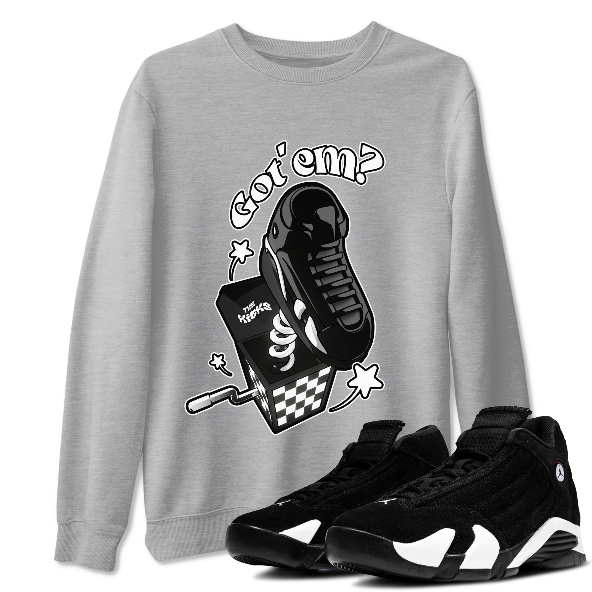 Air Jordan 14 Panda shirt to match jordans Shoe In The Box sneaker tees AJ14 Panda SNRT Sneaker Release Tees unisex cotton Heather Grey 1 crew neck shirt
