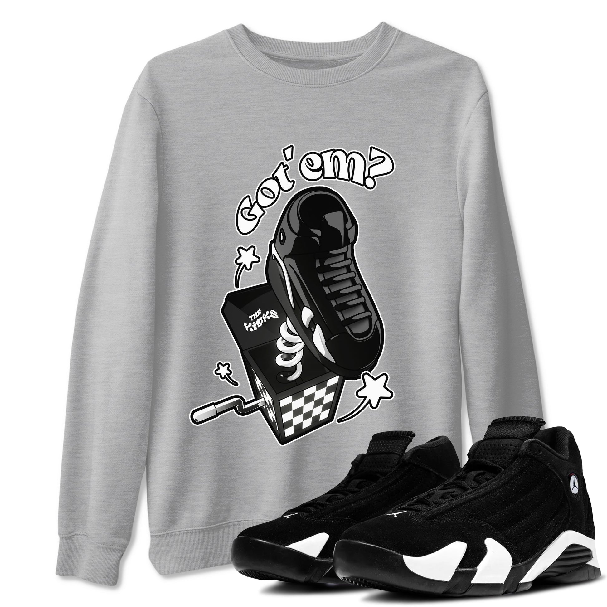 Air Jordan 14 Panda shirt to match jordans Shoe In The Box sneaker tees AJ14 Panda SNRT Sneaker Release Tees unisex cotton Heather Grey 1 crew neck shirt
