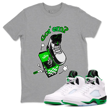 Air Jordan 5 Lucky Green shirt to match jordans Shoe In The Box sneaker tees AJ5 Lucky Green SNRT Sneaker Release Tees Unisex Heather Grey 1 T-Shirt