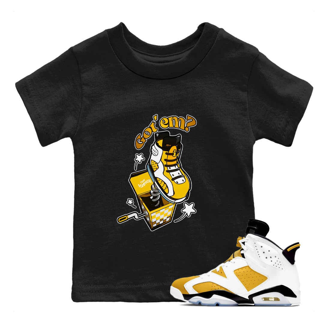 Air Jordan 6 Yellow Ochre shirt to match jordans Shoe In The Box sneaker tees AJ6 Yellow Ochre SNRT Sneaker Release Tees Baby Toddler Black 1 T-Shirt