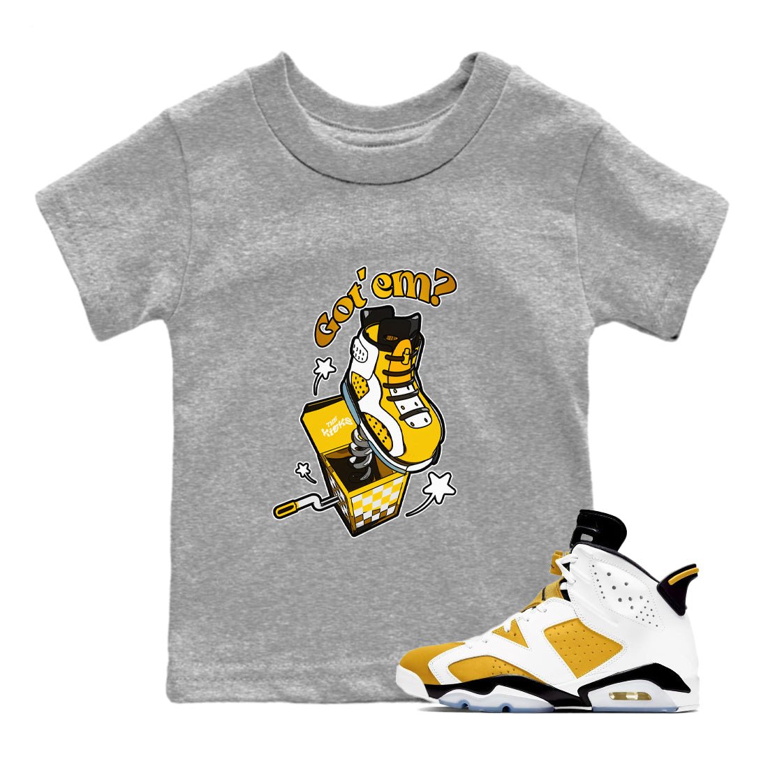 Air Jordan 6 Yellow Ochre shirt to match jordans Shoe In The Box sneaker tees AJ6 Yellow Ochre SNRT Sneaker Release Tees Baby Toddler Heather Grey 1 T-Shirt